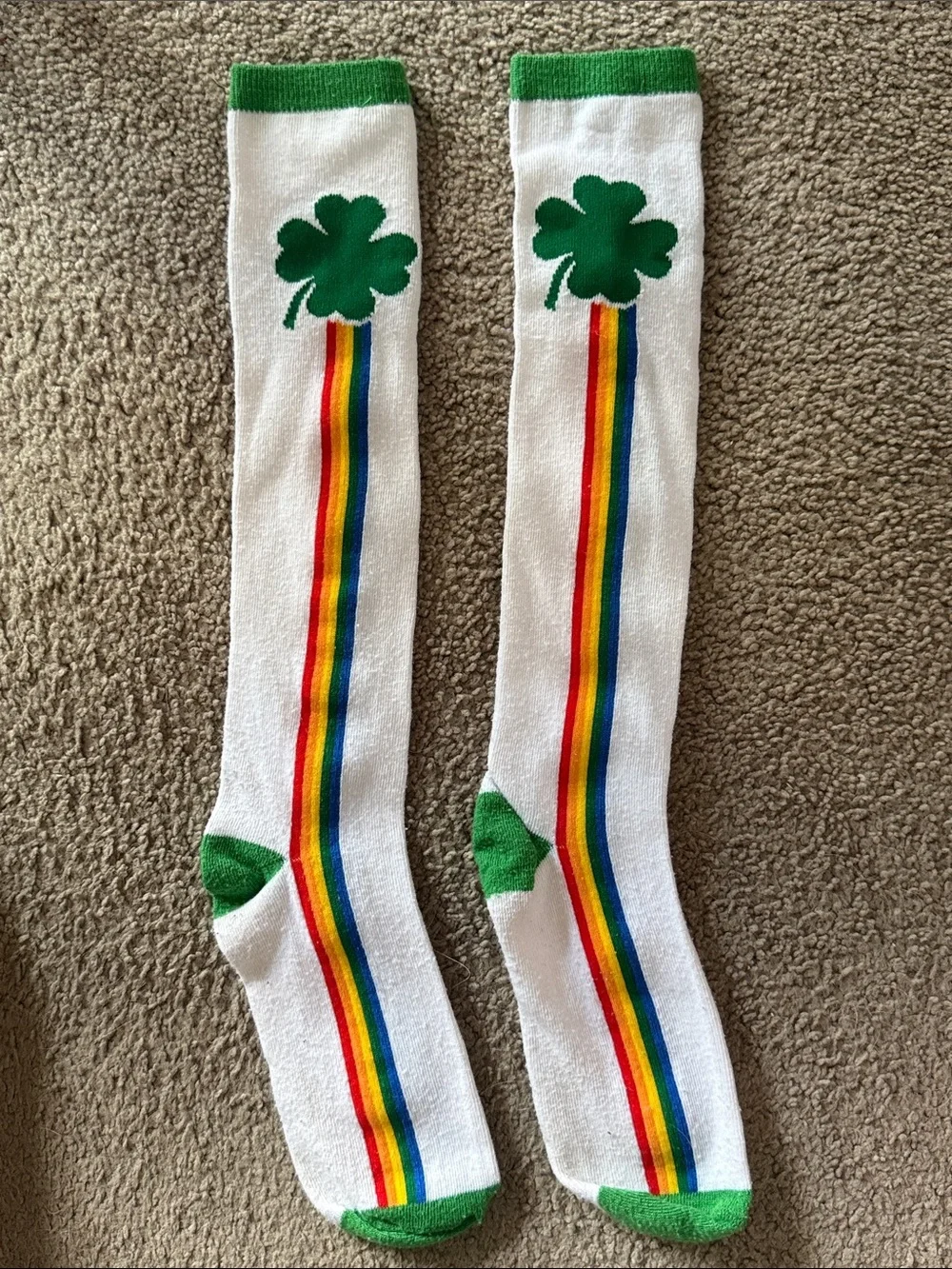 Women’s St. Patrick’s Day Socks with Green Shamrock & Rainbow Stripe!